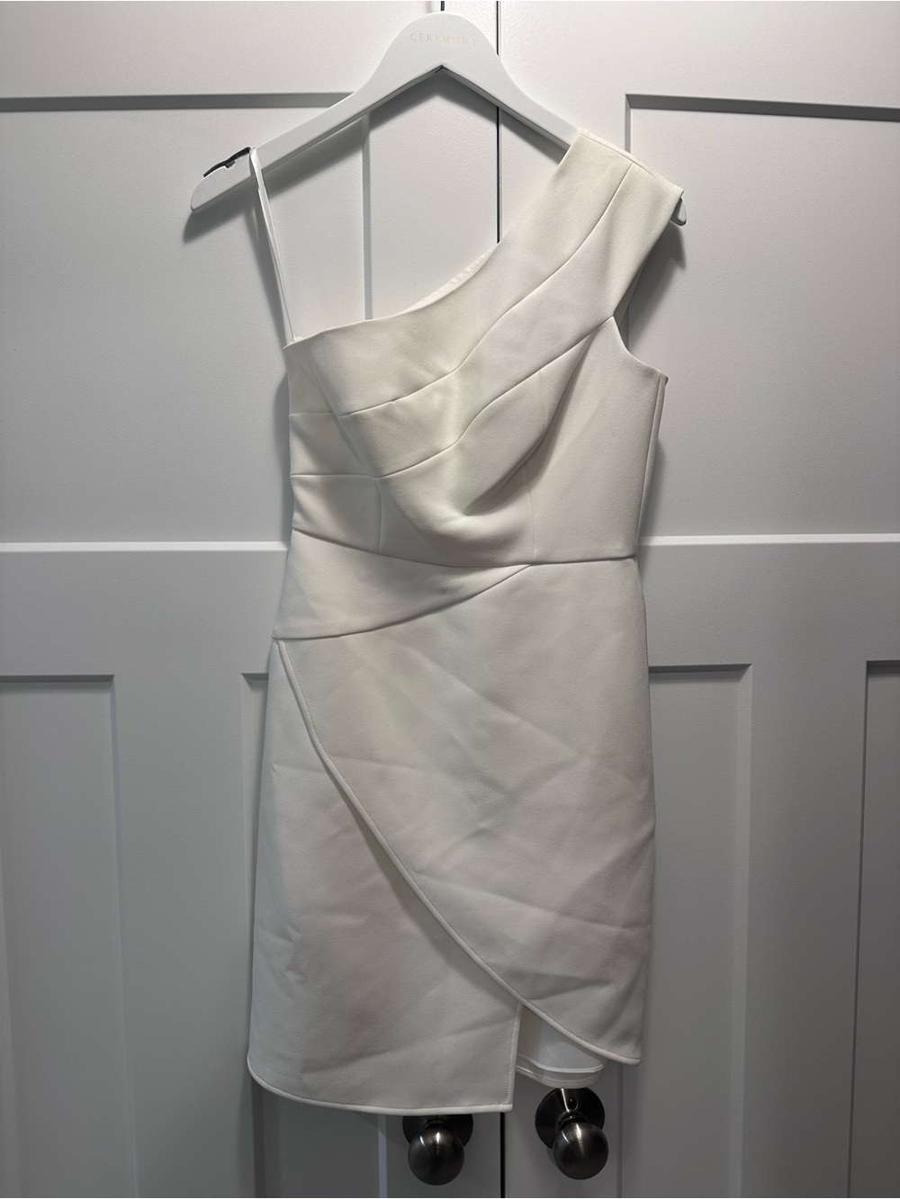 BCBGMaxAzria One-Shoulder Ivory Draped Mini Dress